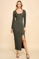 Olive Scoop Neck Long Sleeve Front Slit Maternity Maxi Dress