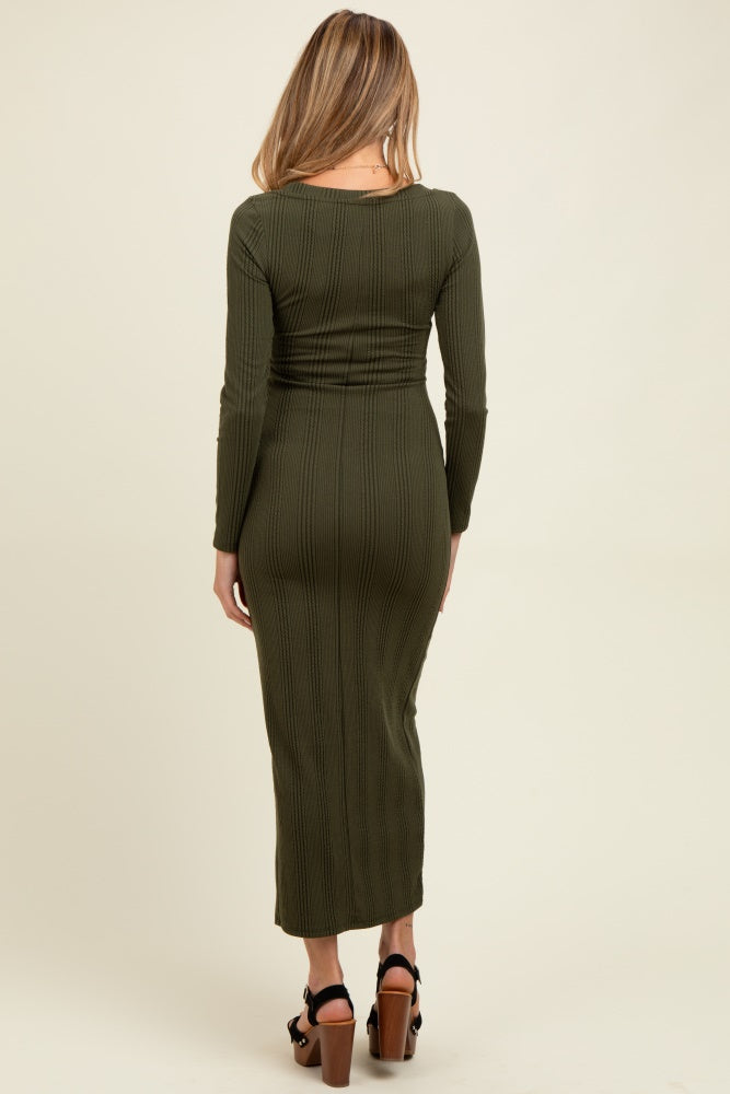 Olive Scoop Neck Long Sleeve Front Slit Maternity Maxi Dress