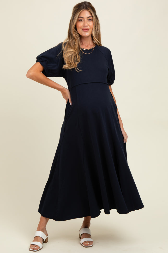 Navy Cotton Pocketed Maternity Midi Dress