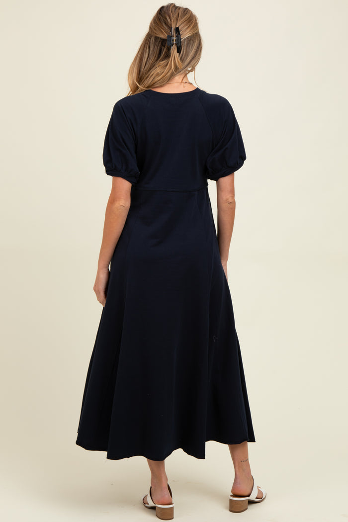 Navy Cotton Pocketed Maternity Midi Dress