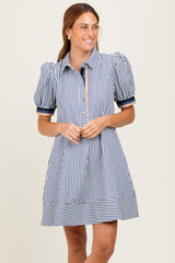 Navy Blue Striped Puff Sleeve Mini Shirt Dress