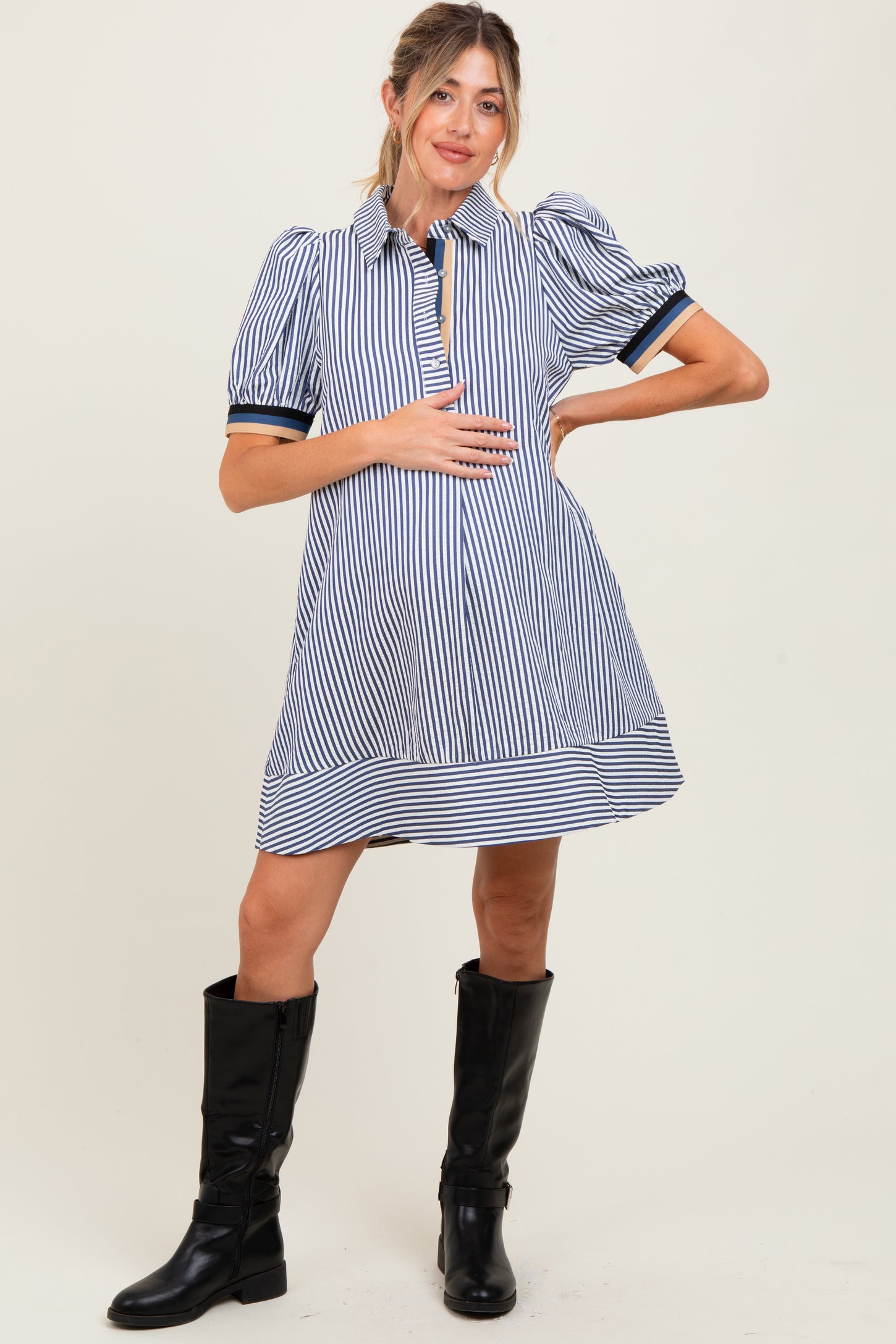 Navy Blue Striped Puff Sleeve Maternity Mini Shirt Dress