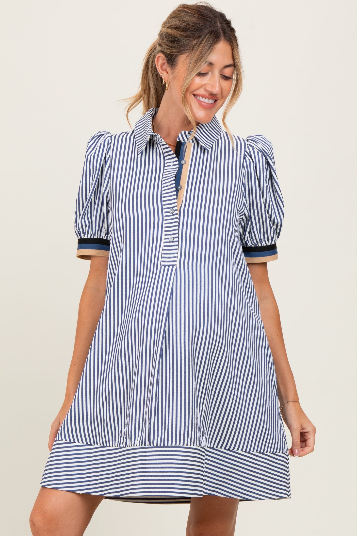 Navy Blue Striped Puff Sleeve Maternity Mini Shirt Dress