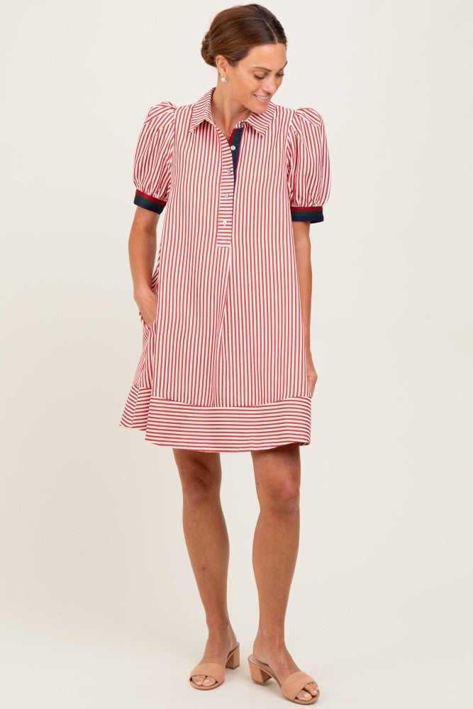 Rust Striped Puff Sleeve Maternity Mini Shirt Dress