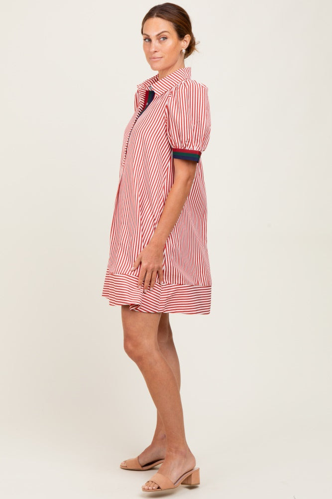 Rust Striped Puff Sleeve Mini Shirt Dress
