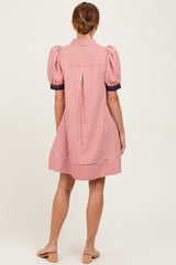 Rust Striped Puff Sleeve Mini Shirt Dress