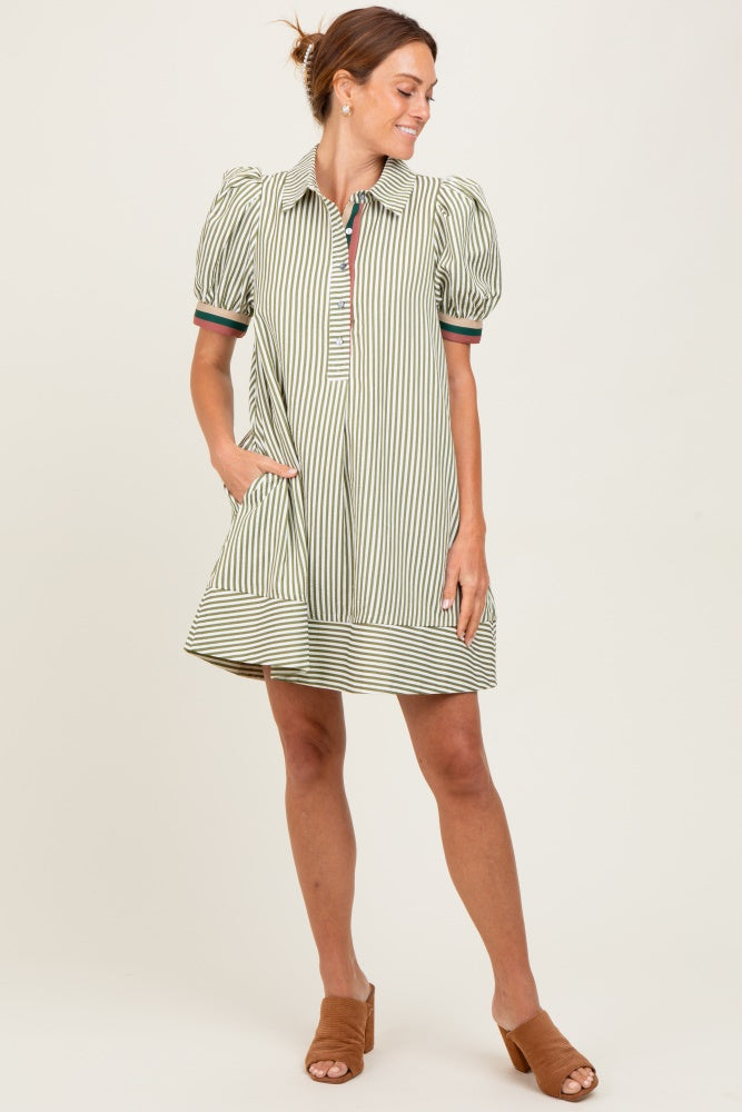 Light Olive Striped Puff Sleeve Mini Shirt Dress