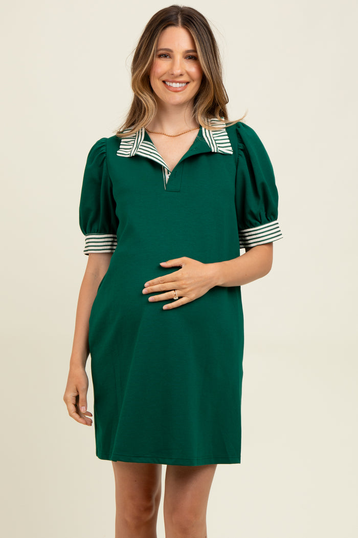 Forest Green Mock Neck Contrast Striped Trim Maternity Mini Dress