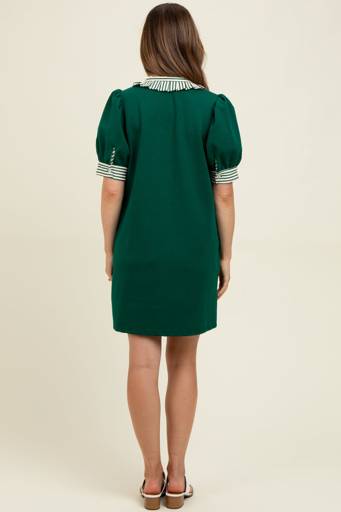 Forest Green Mock Neck Contrast Striped Trim Maternity Mini Dress