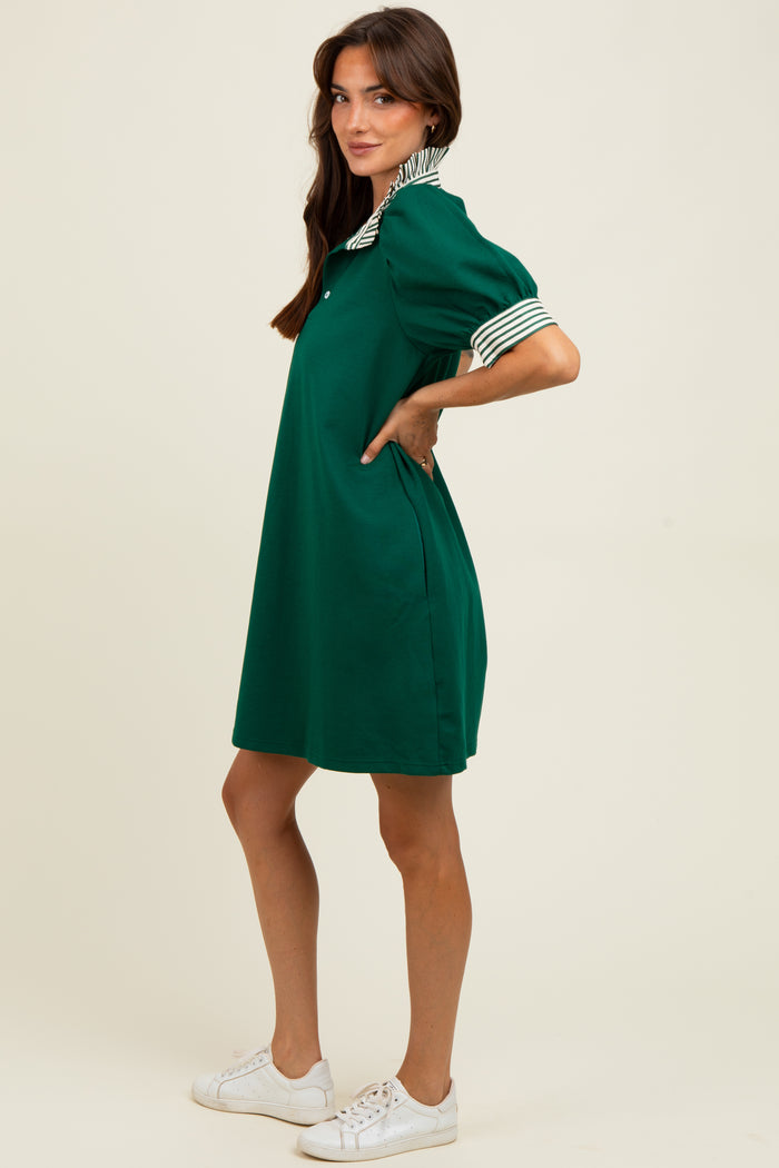 Forest Green Mock Neck Contrast Striped Trim Mini Dress