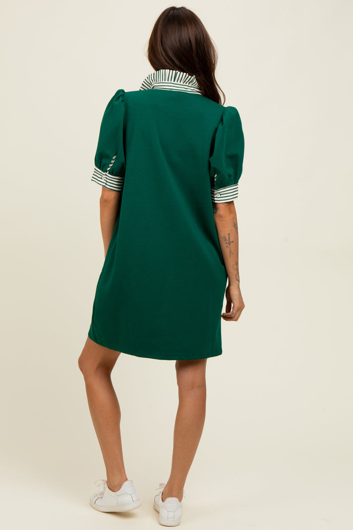 Forest Green Mock Neck Contrast Striped Trim Mini Dress
