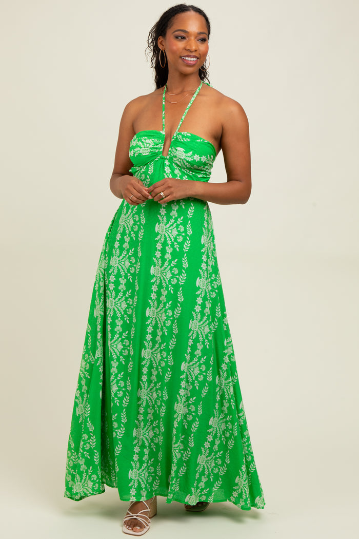 Green Floral Halter Tie Back Cutout Maternity Maxi Dress
