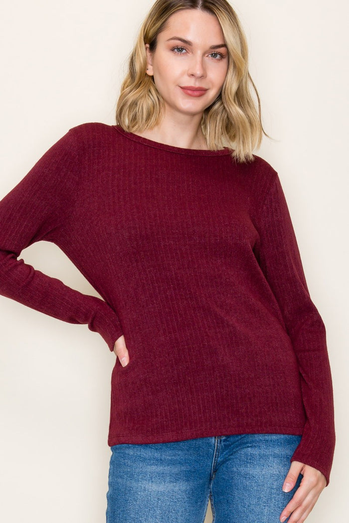 Burgundy Ribbed Knit Long Sleeve Top