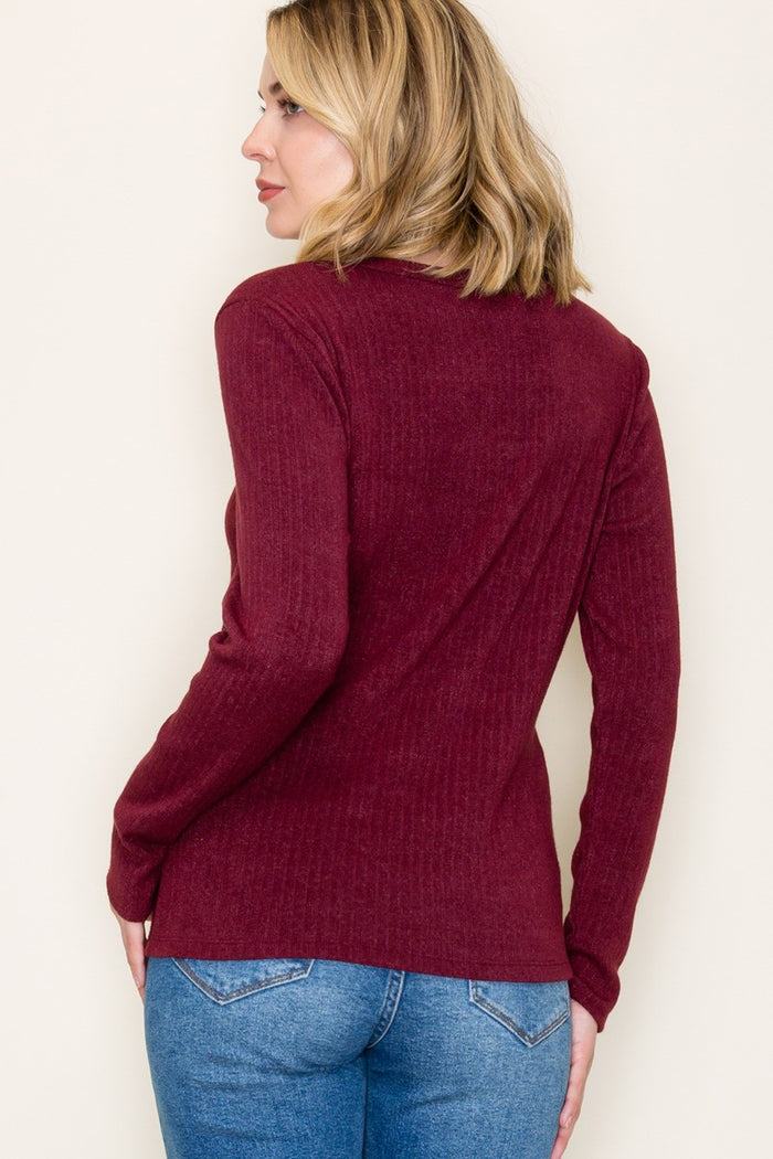 Burgundy Ribbed Knit Long Sleeve Top