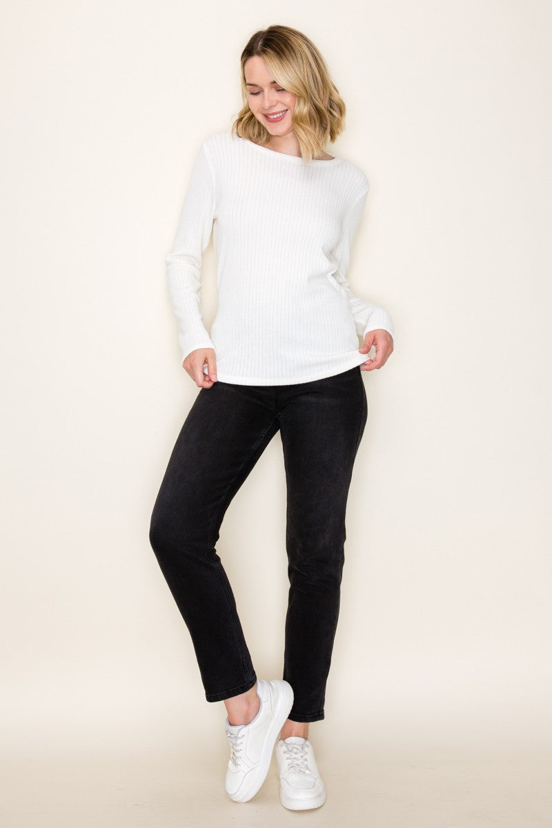 Ivory Ribbed Knit Long Sleeve Top