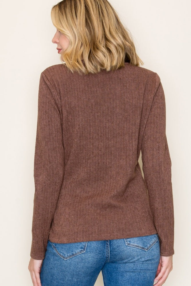 Brown Ribbed Knit Long Sleeve Top