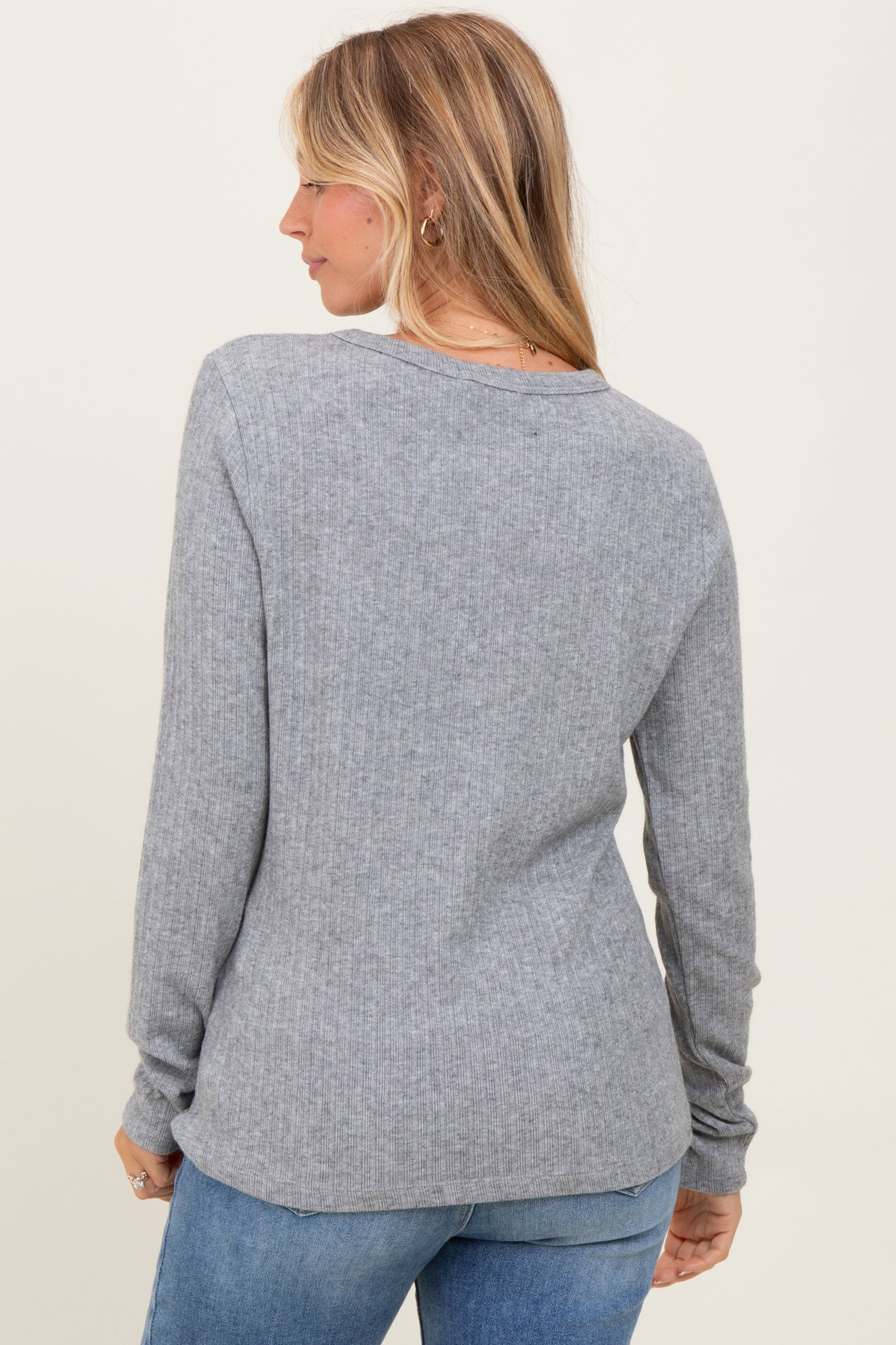 Heather Grey Ribbed Knit Long Sleeve Top