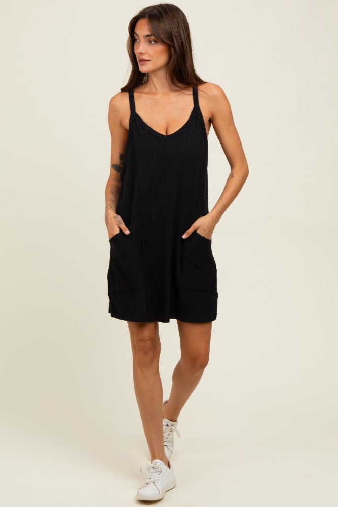Black Textured Rib Side Pocket Maternity Romper Dress