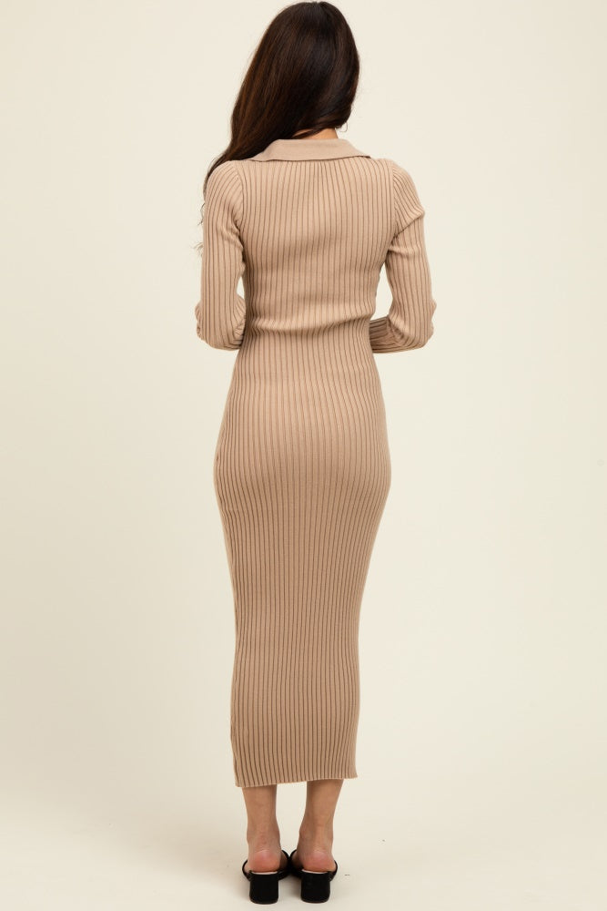 Beige Ribbed Knit Collared Sweater Dress