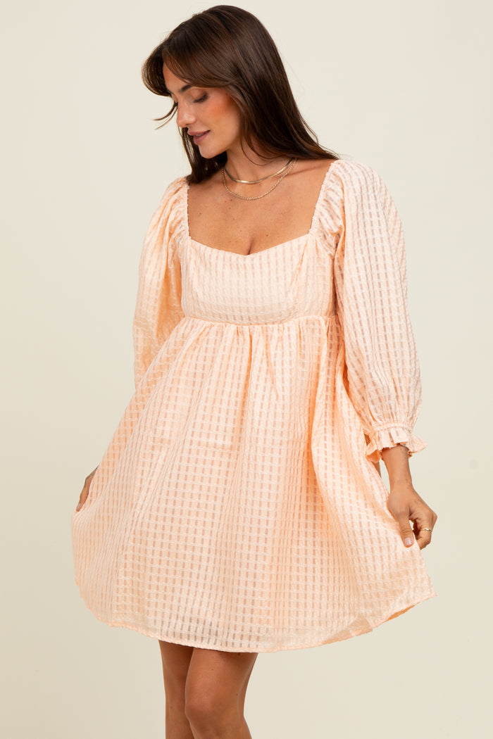 Peach Plaid Overlay Bubble Sleeve Maternity Dress