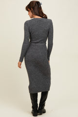 Charcoal Ribbed Tie Waist Sweater Dress
