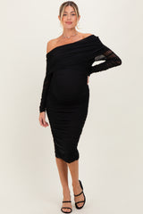 Black Ruched Mesh Off Shoulder Long Sleeve Maternity Midi Dress