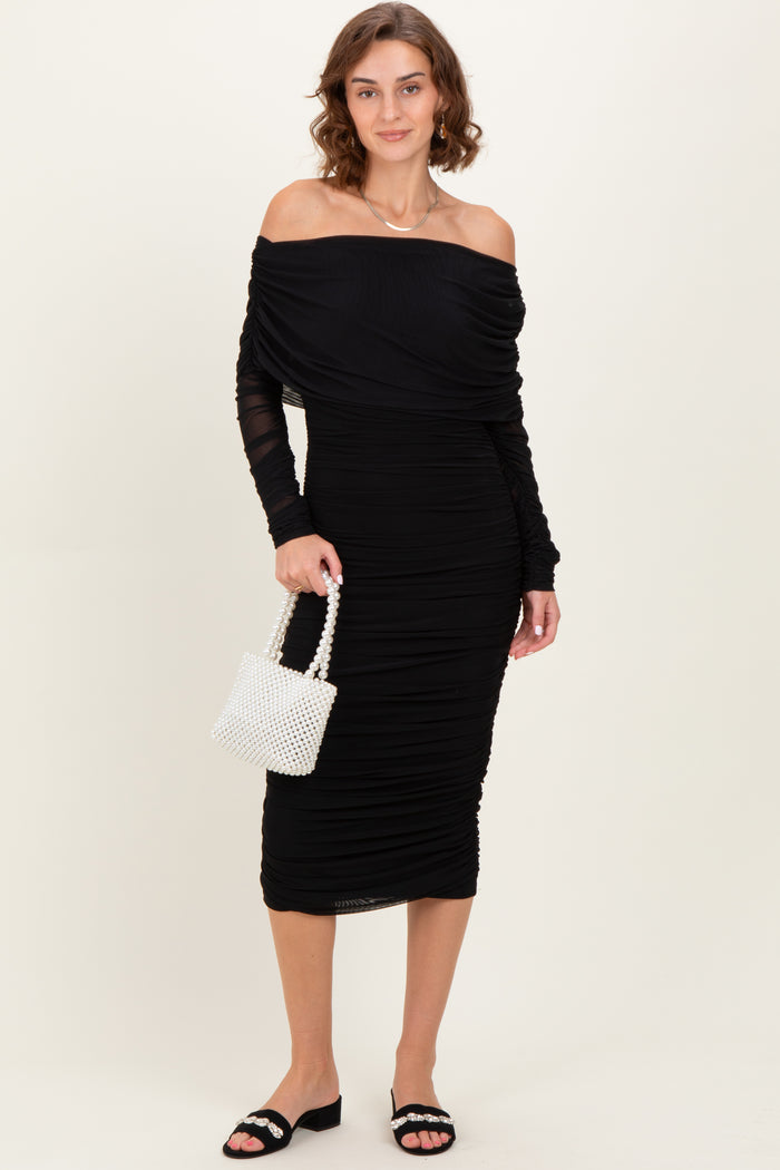 Black Ruched Mesh Off Shoulder Long Sleeve Maternity Midi Dress