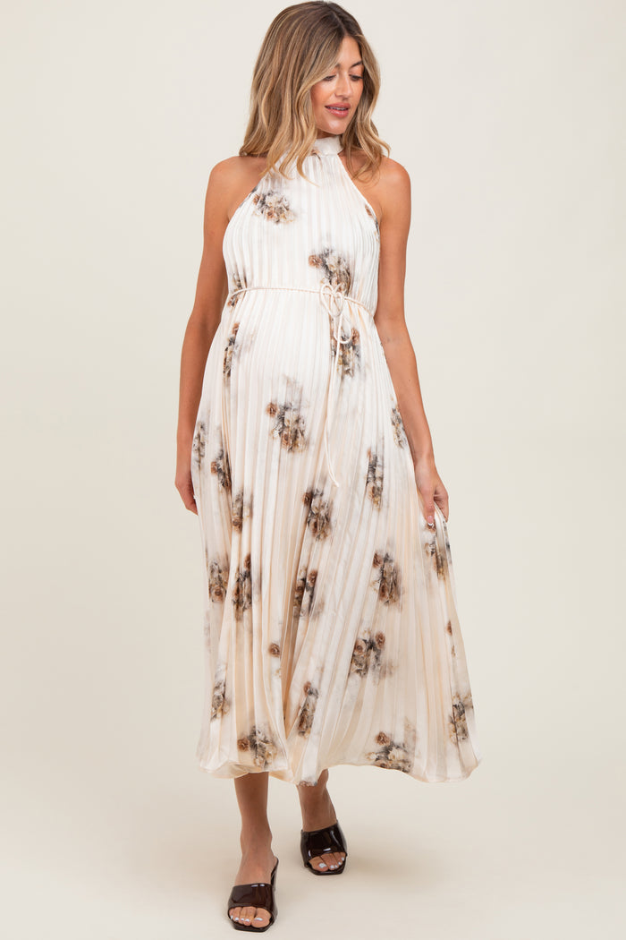 Cream Printed Pleated Maternity Halter Dress