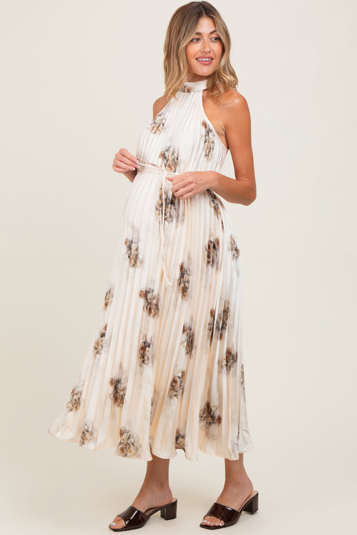 Cream Printed Pleated Maternity Halter Dress