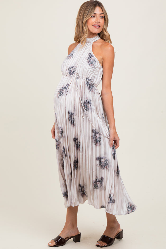 Light Pink Printed Pleated Maternity Halter Dress