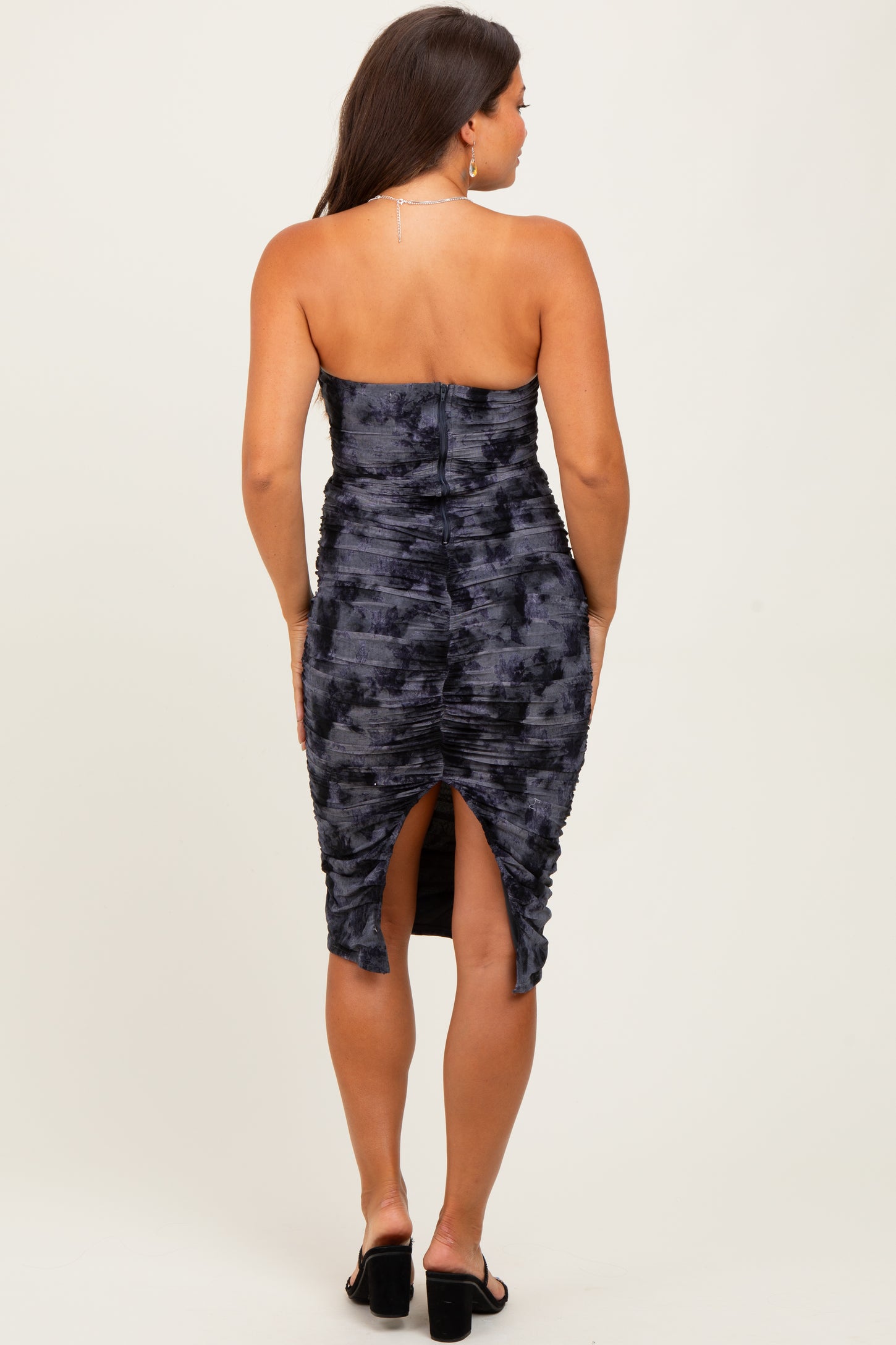 Charcoal Mesh Velvet Strapless Ruched Maternity Midi Dress