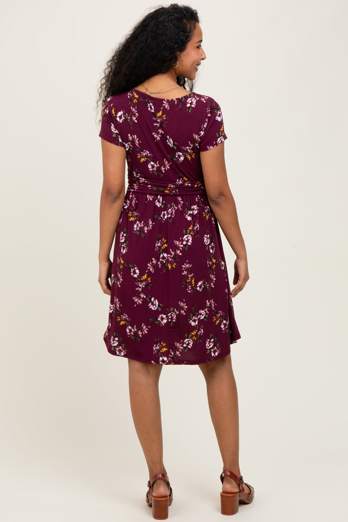 Burgundy Floral Crossover Front Maternity Dress