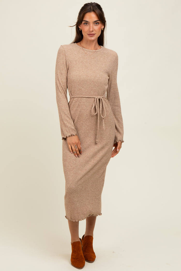 Camel Ribbed Ruffle Accent Long Sleeve Midi Dress