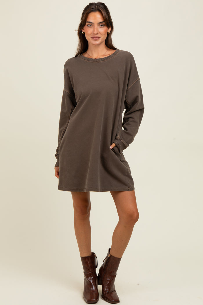 Brown Oversized Long Sleeve Maternity T-Shirt Dress