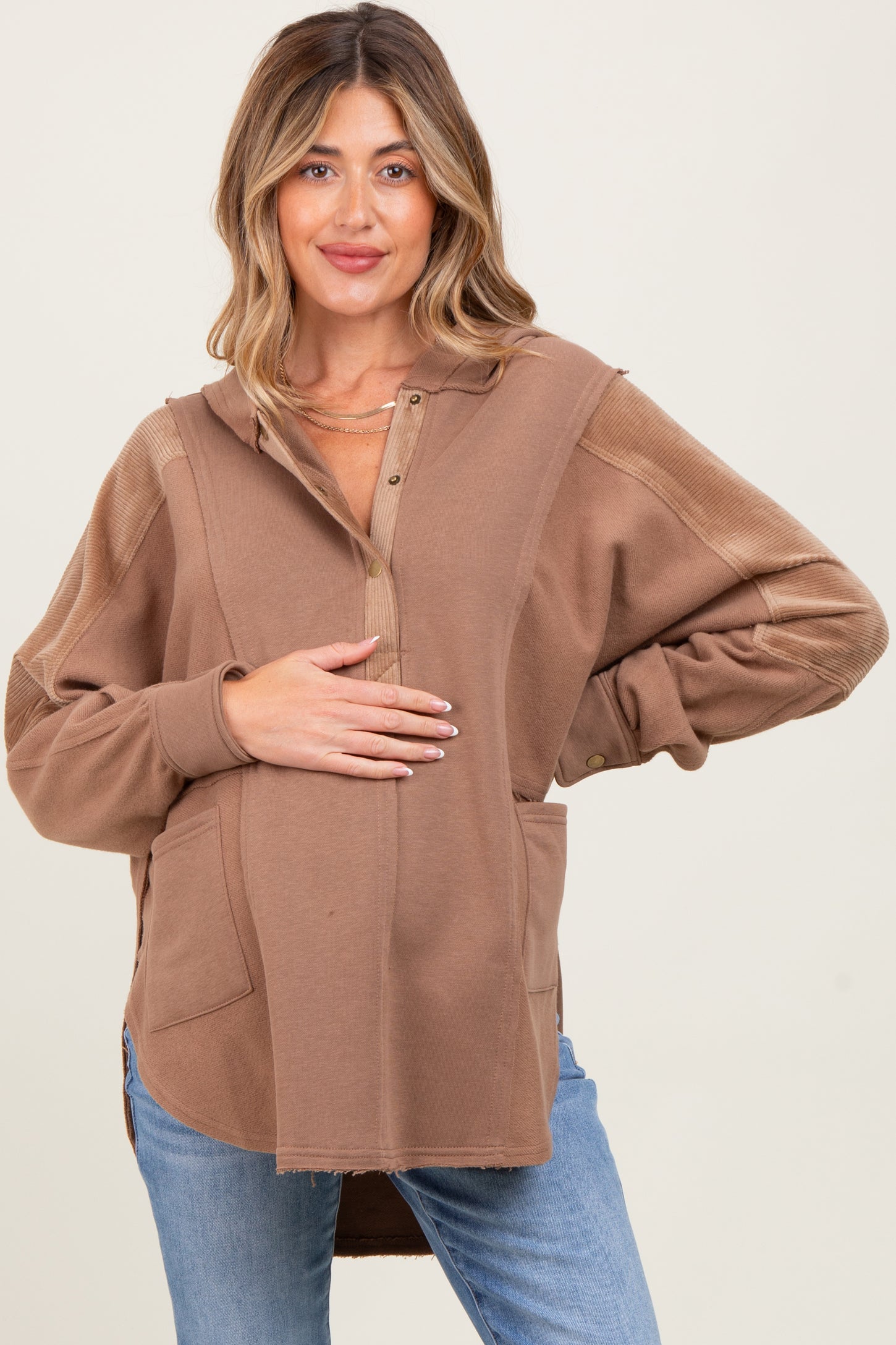 Mocha Corduroy Contrast Oversized Maternity Hoodie