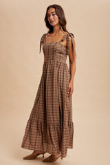 Mocha Plaid Sleeveless Cotton Maxi Dress