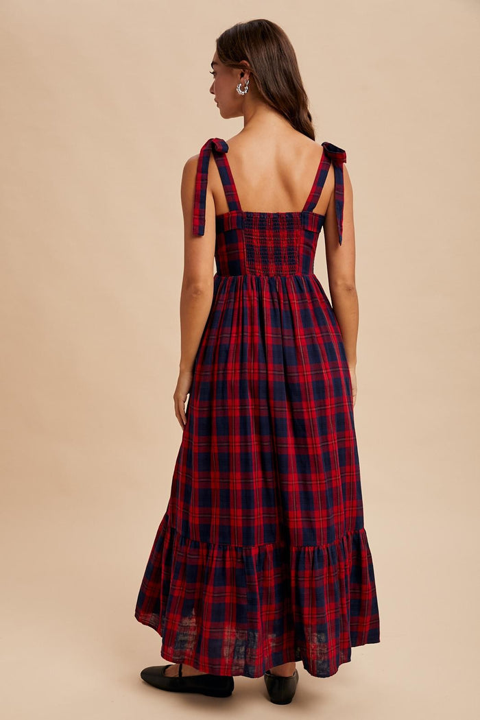 Red Plaid Sleeveless Cotton Maxi Dress