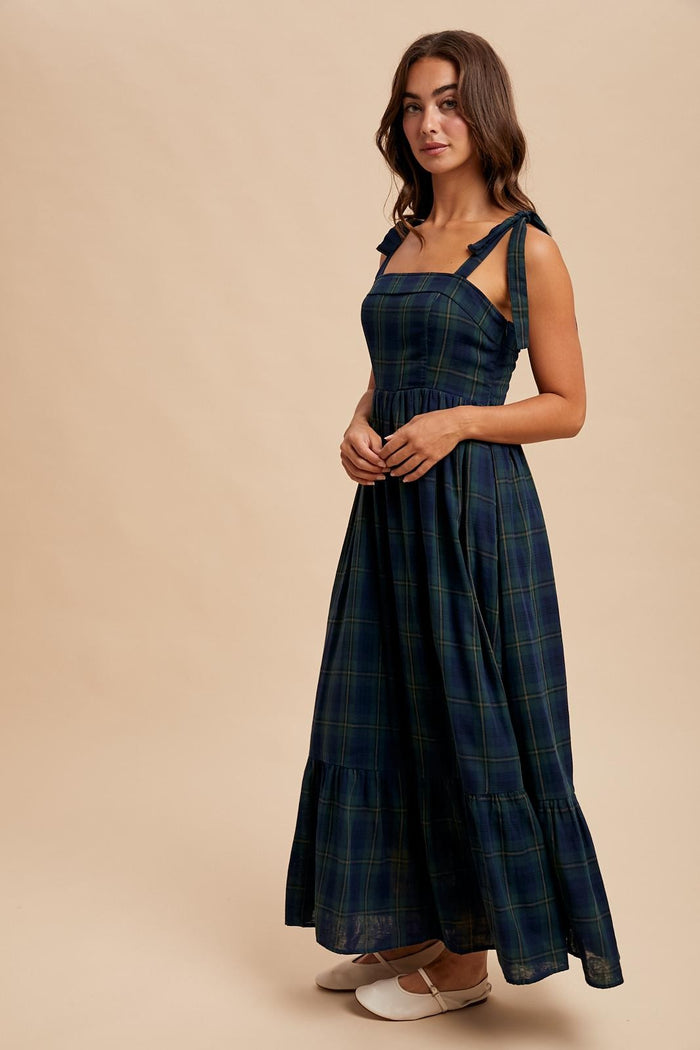 Hunter Green Plaid Sleeveless Cotton Maxi Dress