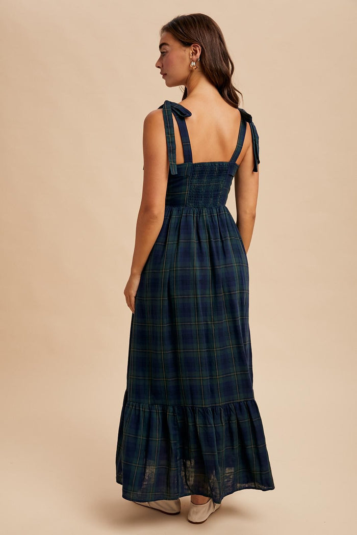 Hunter Green Plaid Sleeveless Cotton Maxi Dress