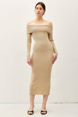 Beige Knit Off Shoulder Long Sleeve Maternity Midi Dress