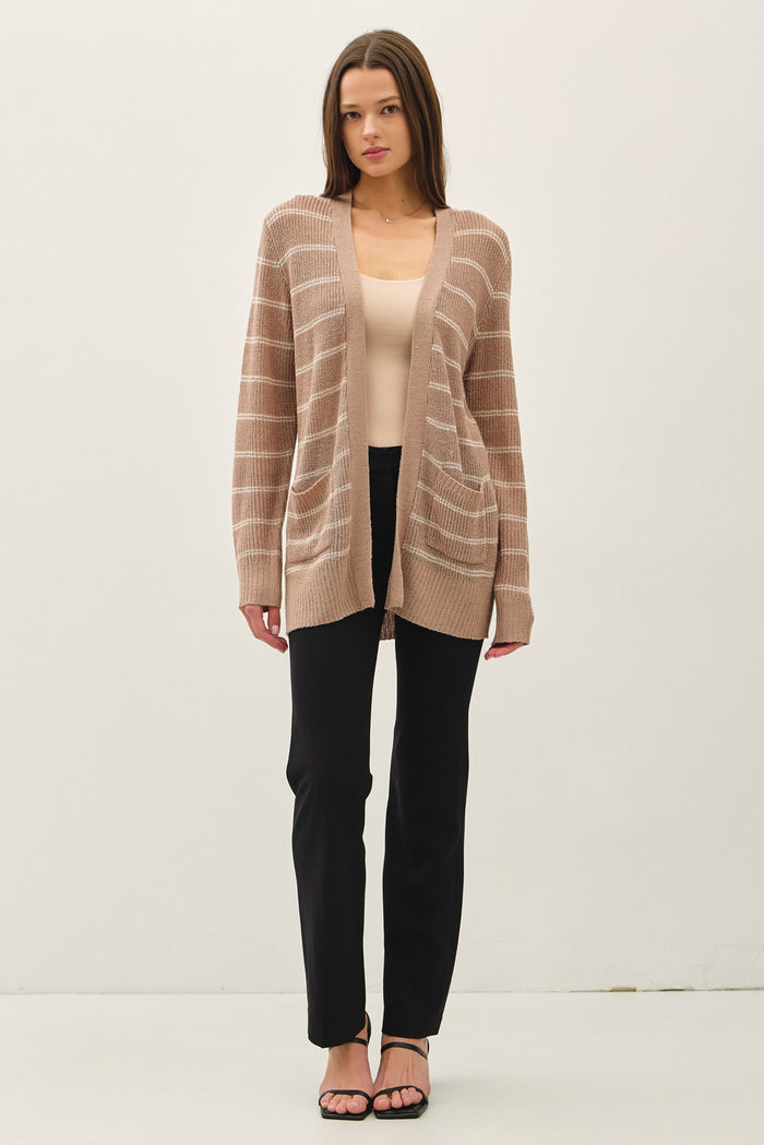 Mocha Fine Knit Striped Open Cardigan