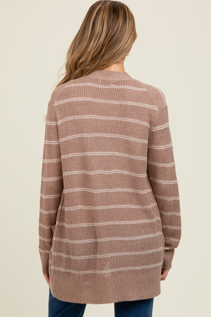 Mocha Fine Knit Striped Maternity Open Cardigan