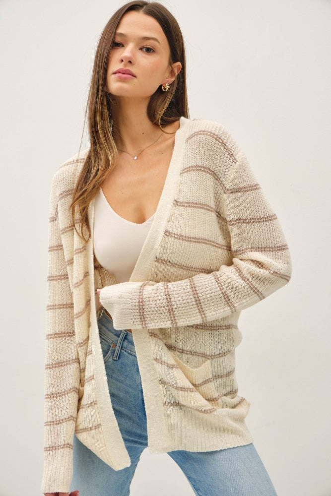 Cream Fine Knit Striped Maternity Open Cardigan