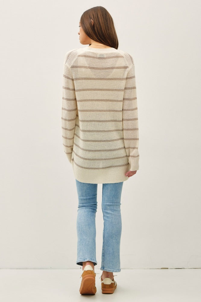 Cream Fine Knit Striped Open Cardigan