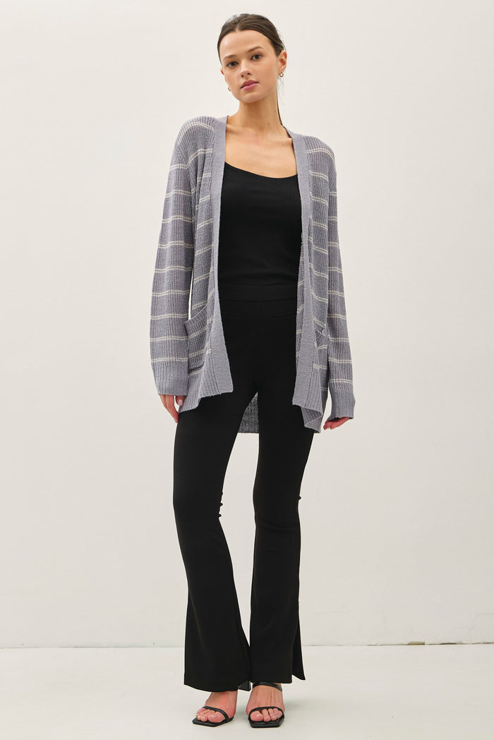 Blue Grey Fine Knit Striped Open Cardigan