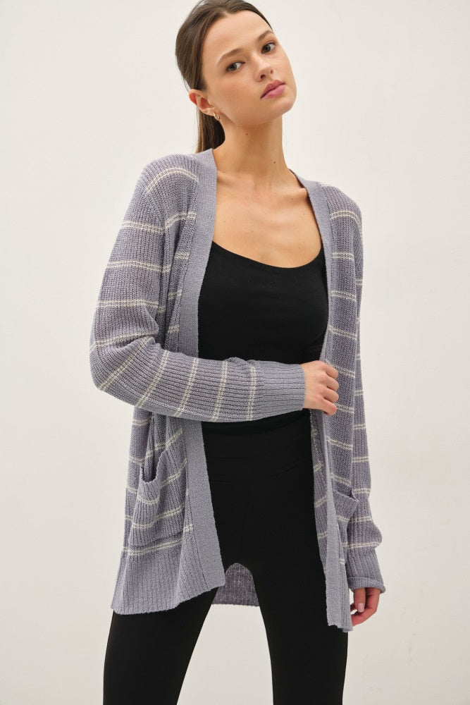 Blue Grey Fine Knit Striped Maternity Open Cardigan