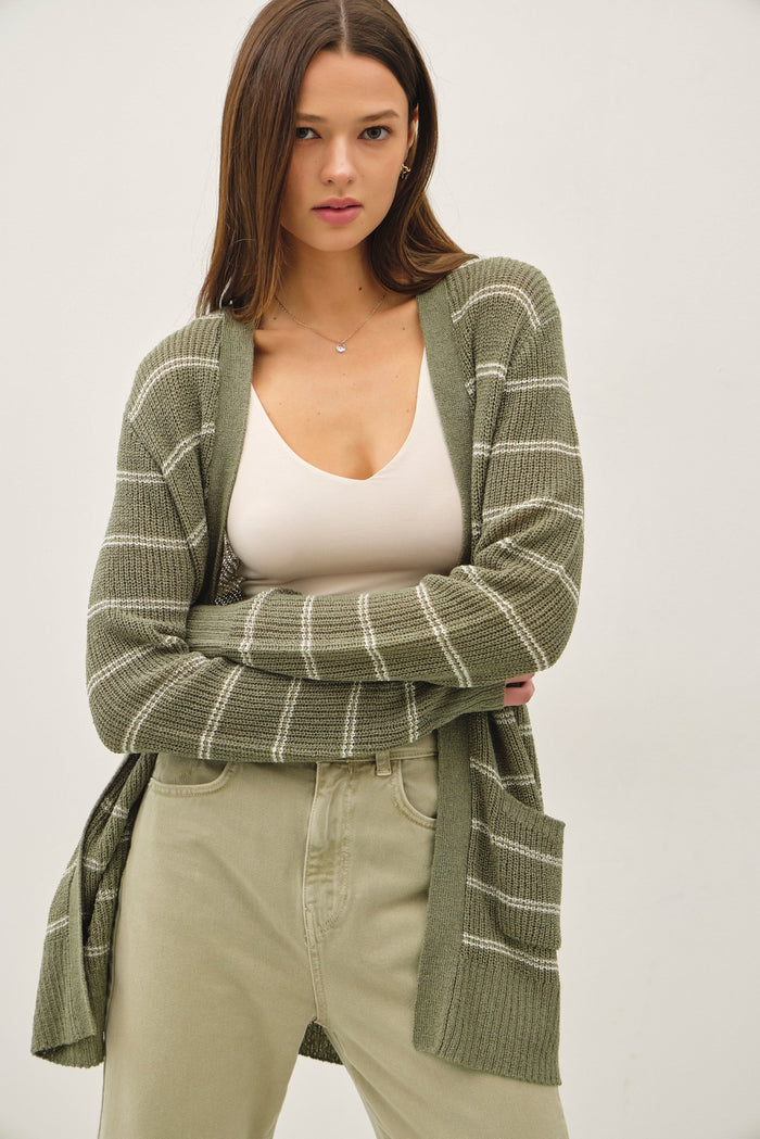 Olive Fine Knit Striped Maternity Open Cardigan