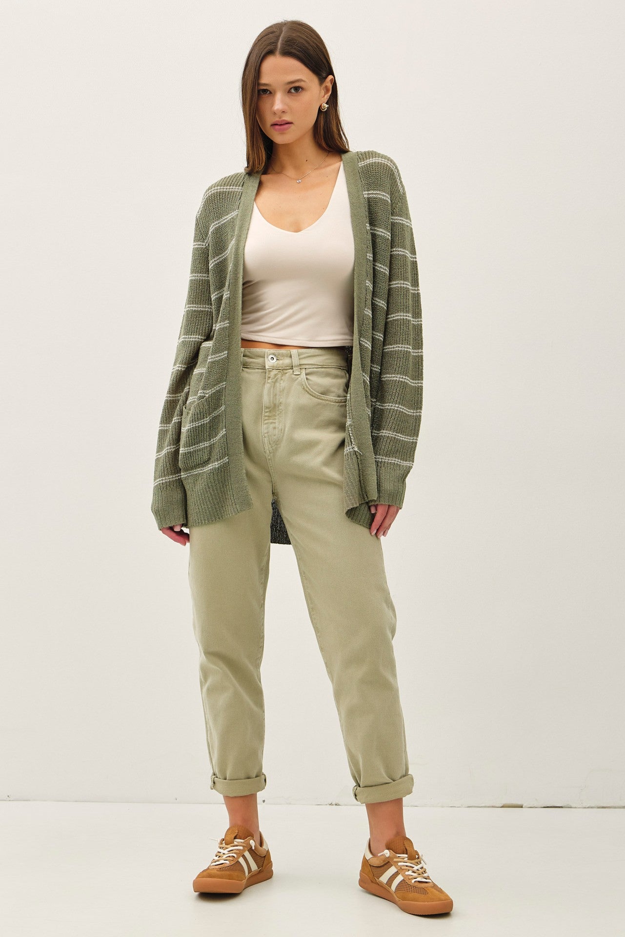 Olive Fine Knit Striped Open Cardigan