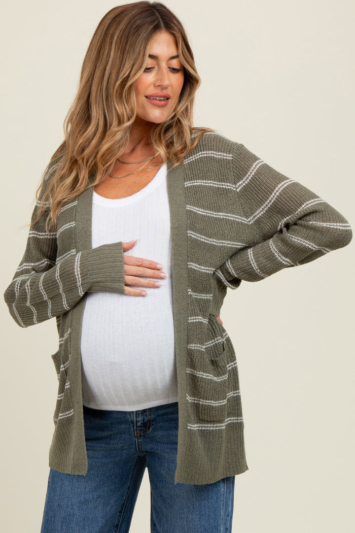 Olive Fine Knit Striped Maternity Open Cardigan