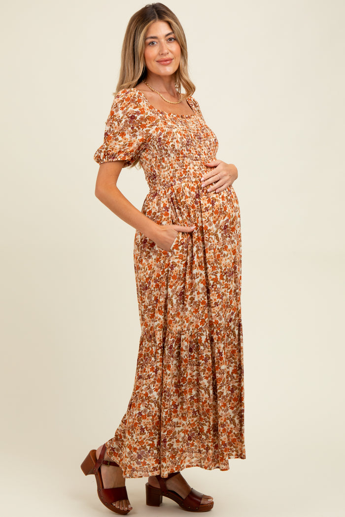 Rust Floral Smocked Tiered Maternity Midi Dress